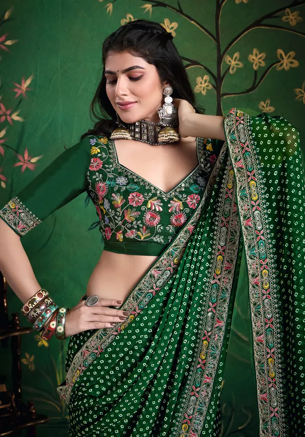 Bottle_Green_Pure_Bamber_Georgette_Bandhej_Saree_With_Combination_&_Handwork_Multicolored_Zardozi_Border_With_Heavy_Contrast_Embroidered_Blouse