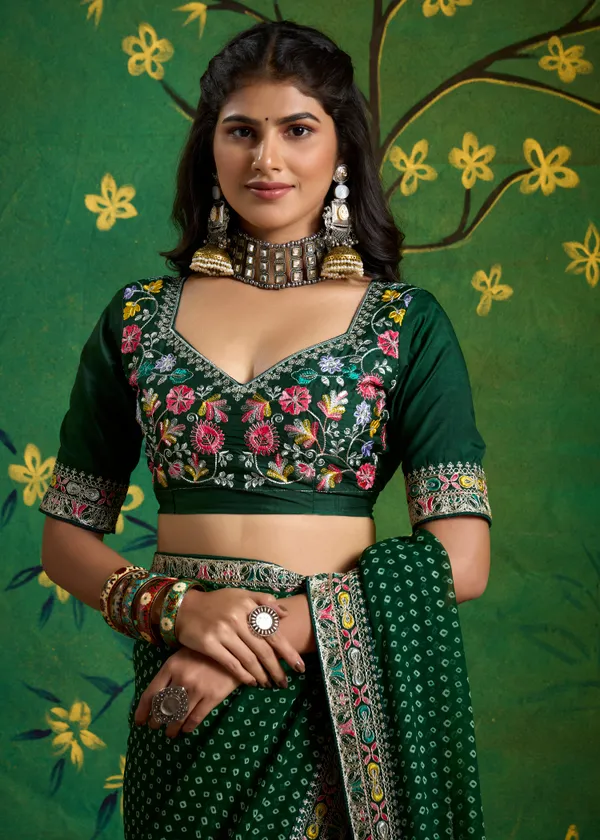 Bottle_Green_Pure_Bamber_Georgette_Bandhej_Saree_With_Combination_&_Handwork_Multicolored_Zardozi_Border_With_Heavy_Contrast_Embroidered_Blouse