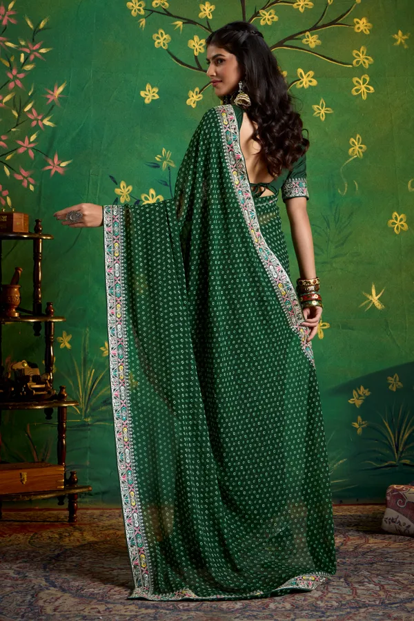 Bottle_Green_Pure_Bamber_Georgette_Bandhej_Saree_With_Combination_&_Handwork_Multicolored_Zardozi_Border_With_Heavy_Contrast_Embroidered_Blouse