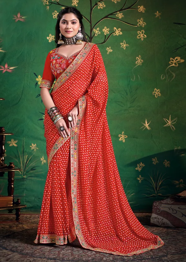 Red_Pure_Bamber_Georgette_Bandhej_Saree_With_Sinduri_Combination_&_Handwork_Multicolored_Zardozi_Border_With_Heavy_Contrast_Embroidered_Blouse