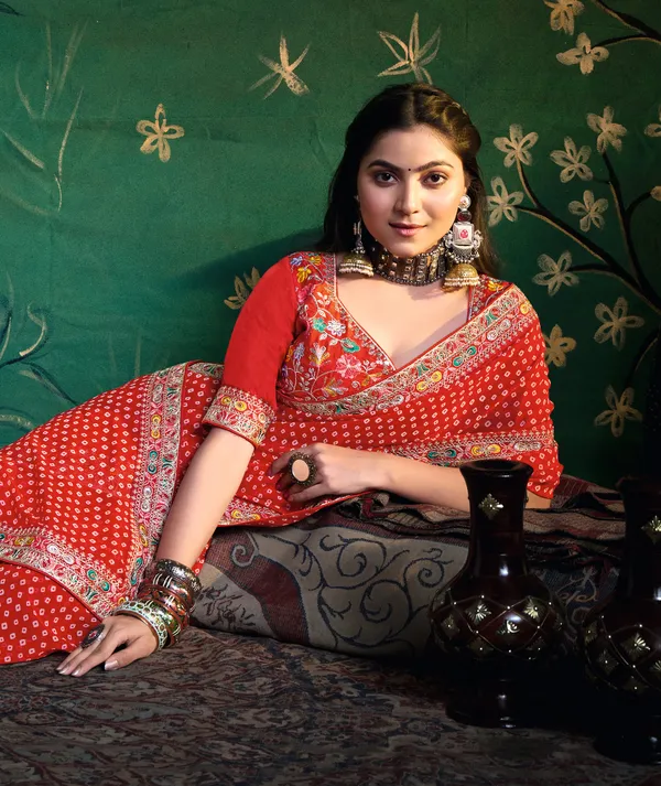 Red_Pure_Bamber_Georgette_Bandhej_Saree_With_Sinduri_Combination_&_Handwork_Multicolored_Zardozi_Border_With_Heavy_Contrast_Embroidered_Blouse