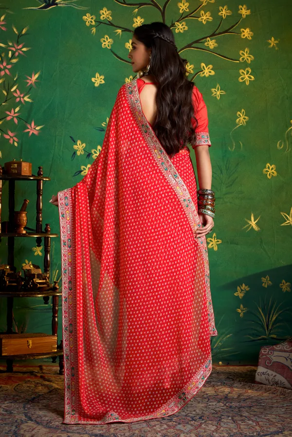 Red_Pure_Bamber_Georgette_Bandhej_Saree_With_Sinduri_Combination_&_Handwork_Multicolored_Zardozi_Border_With_Heavy_Contrast_Embroidered_Blouse