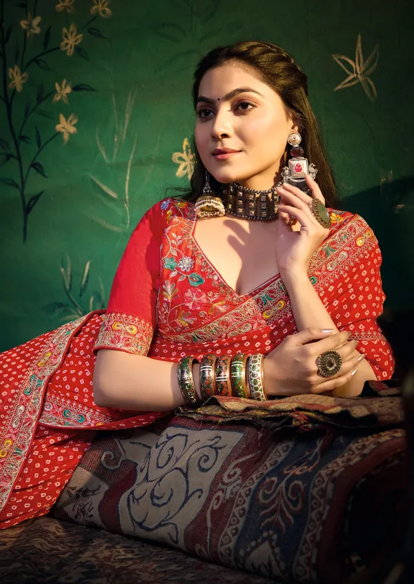 Red_Pure_Bamber_Georgette_Bandhej_Saree_With_Sinduri_Combination_&_Handwork_Multicolored_Zardozi_Border_With_Heavy_Contrast_Embroidered_Blouse