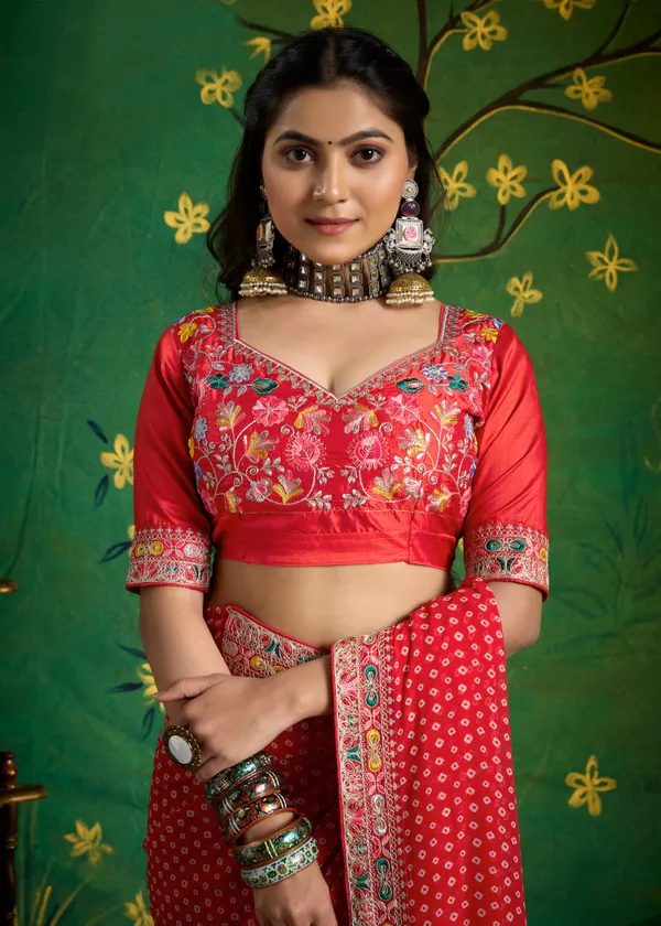 Red_Pure_Bamber_Georgette_Bandhej_Saree_With_Sinduri_Combination_&_Handwork_Multicolored_Zardozi_Border_With_Heavy_Contrast_Embroidered_Blouse