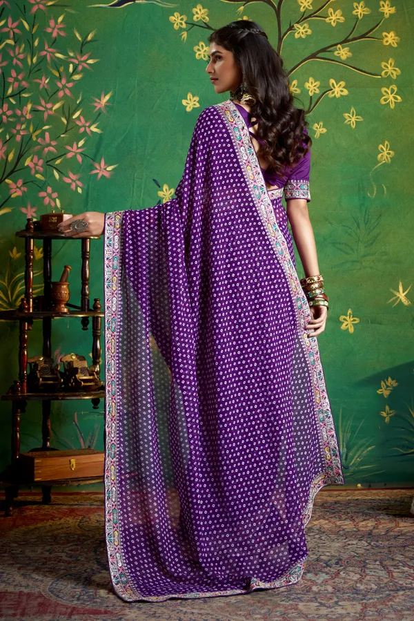 Bright_Indigo_Pure_Bamber_Georgette_Bandhej_Saree_With_Combination_&_Handwork_Multicolored_Zardozi_Border_With_Heavy_Contrast_Embroidered_Blouse
