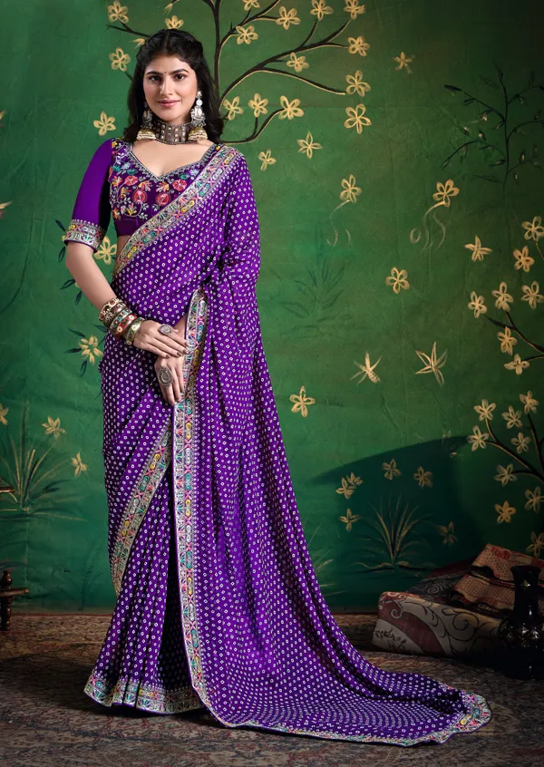 Bright_Indigo_Pure_Bamber_Georgette_Bandhej_Saree_With_Combination_&_Handwork_Multicolored_Zardozi_Border_With_Heavy_Contrast_Embroidered_Blouse