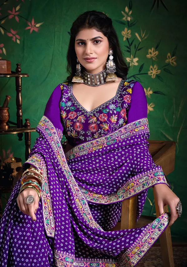 Bright_Indigo_Pure_Bamber_Georgette_Bandhej_Saree_With_Combination_&_Handwork_Multicolored_Zardozi_Border_With_Heavy_Contrast_Embroidered_Blouse