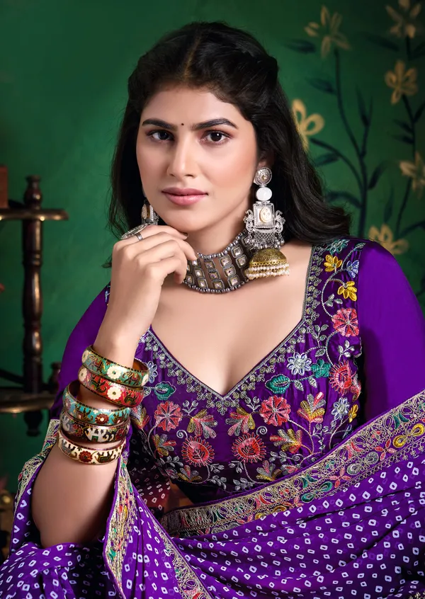 Bright_Indigo_Pure_Bamber_Georgette_Bandhej_Saree_With_Combination_&_Handwork_Multicolored_Zardozi_Border_With_Heavy_Contrast_Embroidered_Blouse
