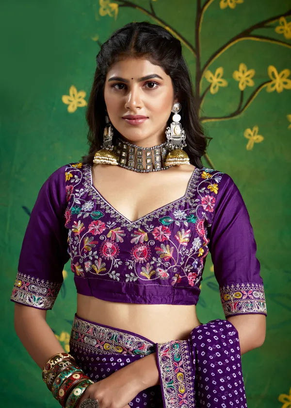 Bright_Indigo_Pure_Bamber_Georgette_Bandhej_Saree_With_Combination_&_Handwork_Multicolored_Zardozi_Border_With_Heavy_Contrast_Embroidered_Blouse