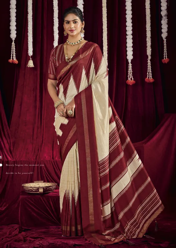 Cream_&_Maroon_Pure_Silk_Saree_With_Zigzag_&_Striped_Patterns,_Elegant_Border_&_Rich_Festive_Look