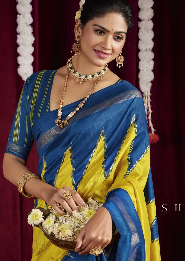 Bright_Yellow_&_Royal_Blue_Pure_Silk_Saree_With_Zigzag_&_Striped_Patterns,_Elegant_Border_&_Rich_Festive_Look