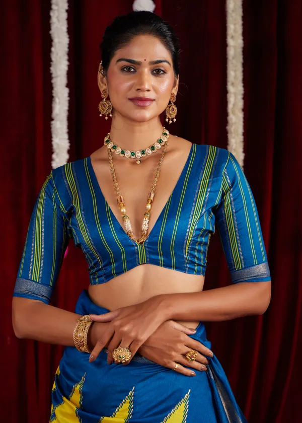 Bright_Yellow_&_Royal_Blue_Pure_Silk_Saree_With_Zigzag_&_Striped_Patterns,_Elegant_Border_&_Rich_Festive_Look