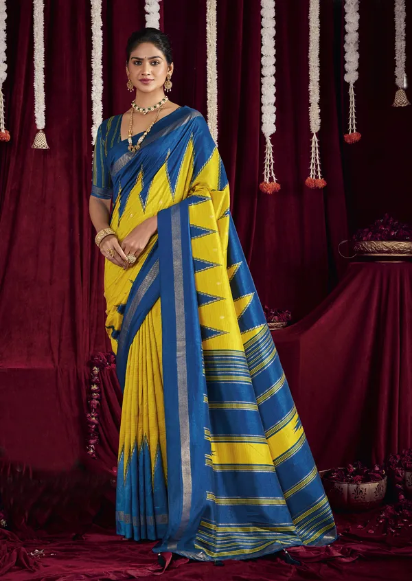 Bright_Yellow_&_Royal_Blue_Pure_Silk_Saree_With_Zigzag_&_Striped_Patterns,_Elegant_Border_&_Rich_Festive_Look
