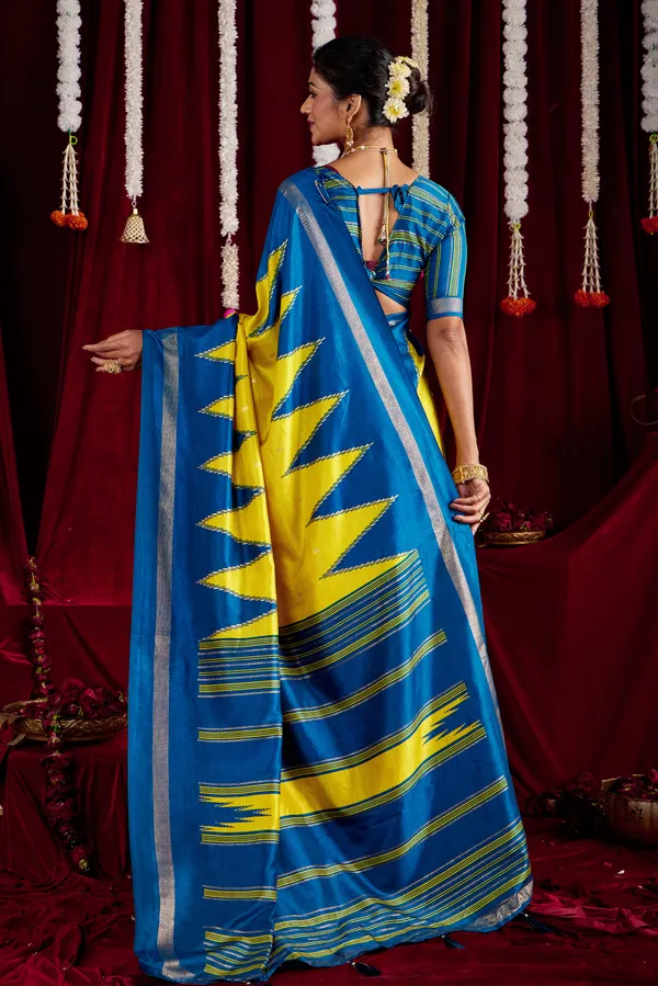 Bright_Yellow_&_Royal_Blue_Pure_Silk_Saree_With_Zigzag_&_Striped_Patterns,_Elegant_Border_&_Rich_Festive_Look