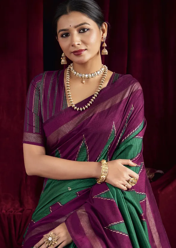 Striking_Purple_&_Green_Pure_Silk_Saree_With_Zigzag_&_Striped_Patterns,_Elegant_Border_&_Rich_Festive_Look