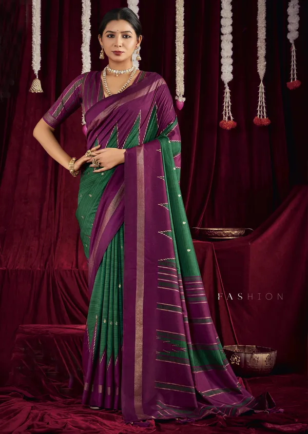 Striking_Purple_&_Green_Pure_Silk_Saree_With_Zigzag_&_Striped_Patterns,_Elegant_Border_&_Rich_Festive_Look