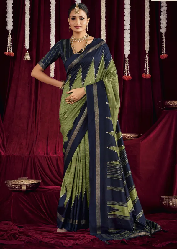 Navy_Blue_&_Pista_Green_Pure_Silk_Saree_With_Zigzag_&_Striped_Patterns,_Elegant_Border_&_Rich_Festive_Look