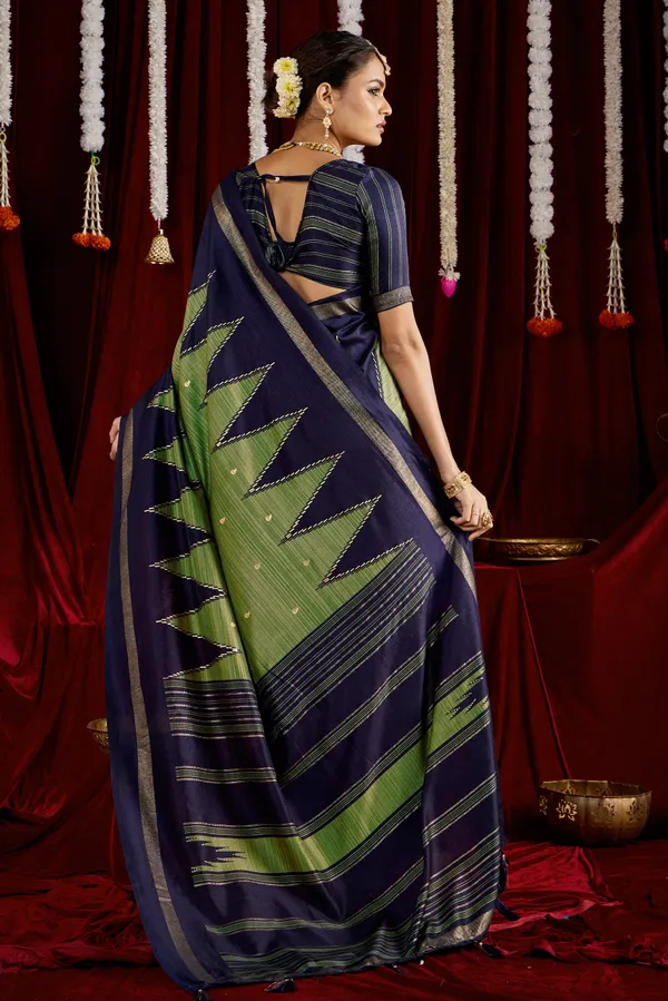 Navy_Blue_&_Pista_Green_Pure_Silk_Saree_With_Zigzag_&_Striped_Patterns,_Elegant_Border_&_Rich_Festive_Look