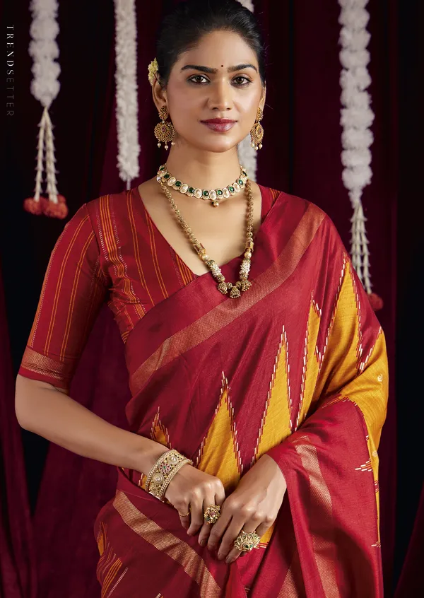 Vibrant_Mustard_&_Striking_Maroon_Pure_Silk_Saree_With_Zigzag_&_Striped_Patterns,_Elegant_Border_&_Rich_Festive_Look