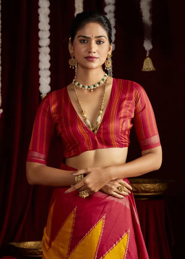 Vibrant_Mustard_&_Striking_Maroon_Pure_Silk_Saree_With_Zigzag_&_Striped_Patterns,_Elegant_Border_&_Rich_Festive_Look