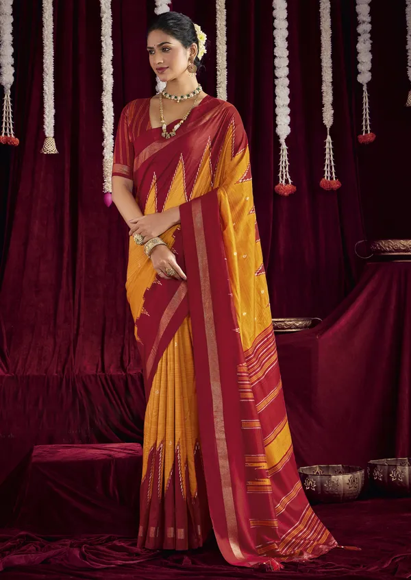 Vibrant_Mustard_&_Striking_Maroon_Pure_Silk_Saree_With_Zigzag_&_Striped_Patterns,_Elegant_Border_&_Rich_Festive_Look