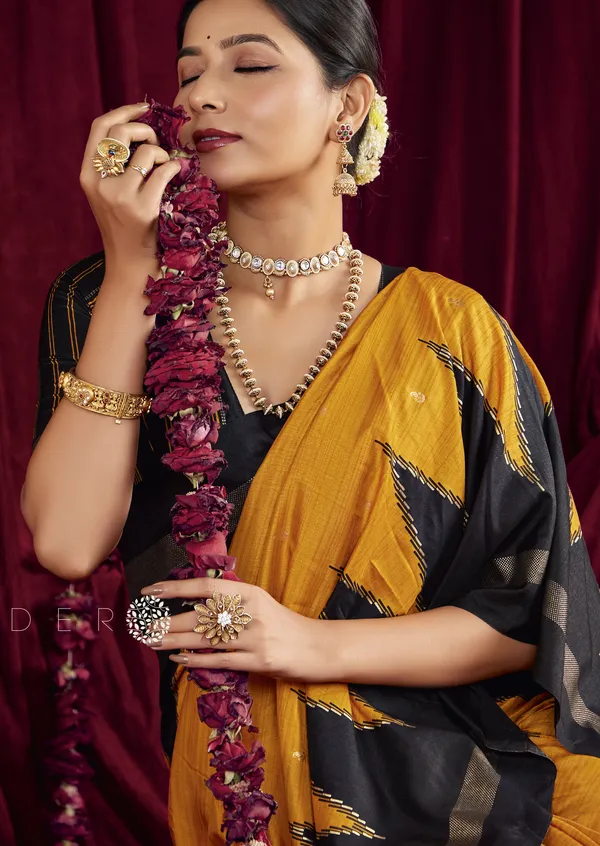 Black_and_Yellow_Pure_Silk_Saree_With_Zigzag_&_Striped_Patterns,_Elegant_Border_&_Rich_Festive_Look