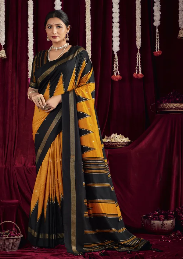 Black_and_Yellow_Pure_Silk_Saree_With_Zigzag_&_Striped_Patterns,_Elegant_Border_&_Rich_Festive_Look