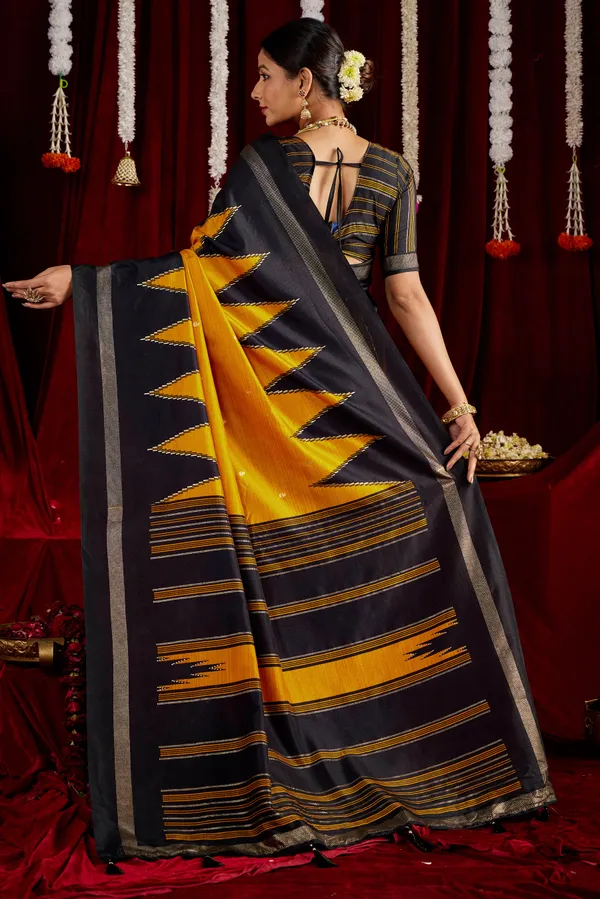 Black_and_Yellow_Pure_Silk_Saree_With_Zigzag_&_Striped_Patterns,_Elegant_Border_&_Rich_Festive_Look