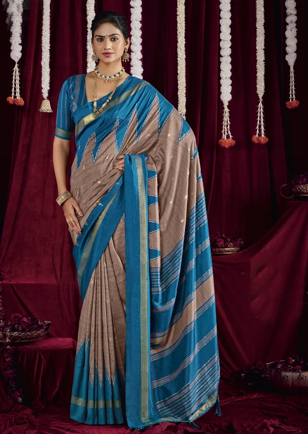 Sky_Blue_&_Taupe_Pure_Silk_Saree_With_Zigzag_&_Striped_Patterns,_Elegant_Border_&_Rich_Festive_Look
