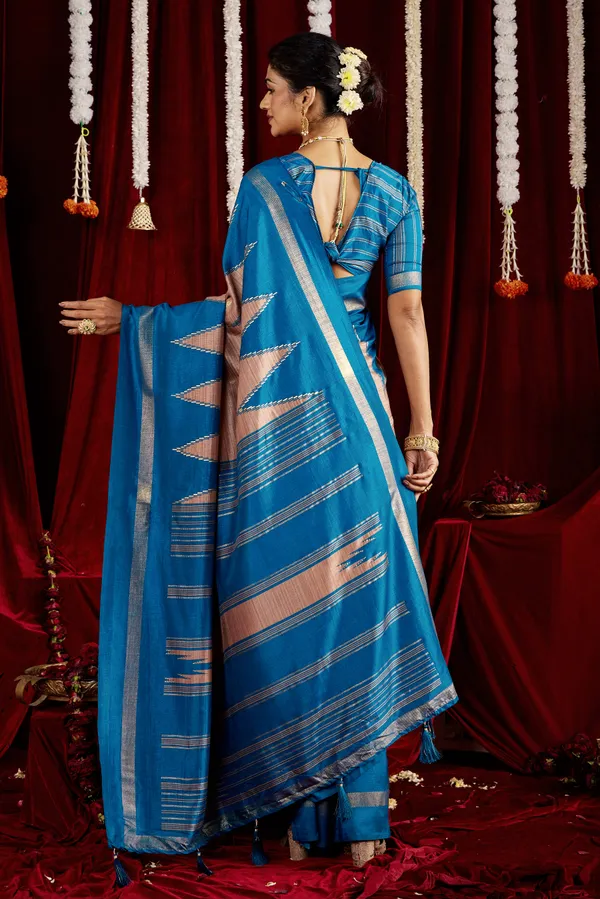 Sky_Blue_&_Taupe_Pure_Silk_Saree_With_Zigzag_&_Striped_Patterns,_Elegant_Border_&_Rich_Festive_Look