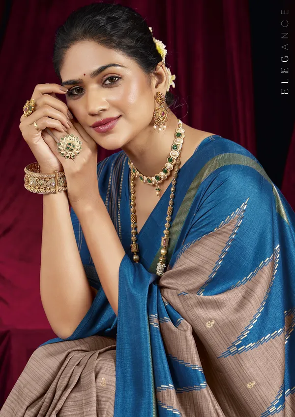 Sky_Blue_&_Taupe_Pure_Silk_Saree_With_Zigzag_&_Striped_Patterns,_Elegant_Border_&_Rich_Festive_Look