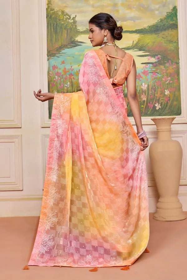 Orange_&_Pink_Elegant_Pastel_Brasso_Saree_With_A_Checkered_Design_&_Delicate_Embroidery_With_Heavy_Sequence_Blouse_Perfect_For_Festive_&_Special_Occasions