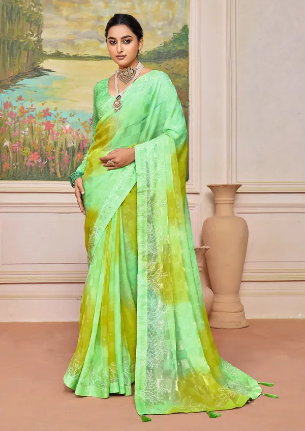 Green_&_Yellow_Vibrant_Brasso_Saree_With_A_Checkered_Design_&_Delicate_Embroidery_With_Heavy_Sequence_Blouse_Perfect_For_Festive_&_Special_Occasions
