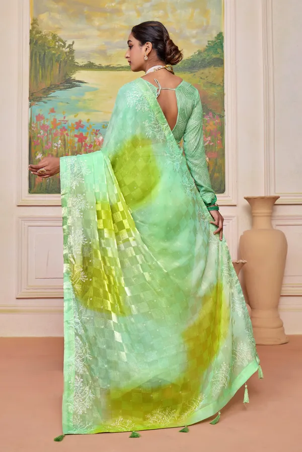 Green_&_Yellow_Vibrant_Brasso_Saree_With_A_Checkered_Design_&_Delicate_Embroidery_With_Heavy_Sequence_Blouse_Perfect_For_Festive_&_Special_Occasions