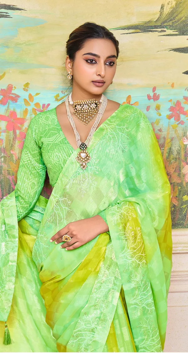 Green_&_Yellow_Vibrant_Brasso_Saree_With_A_Checkered_Design_&_Delicate_Embroidery_With_Heavy_Sequence_Blouse_Perfect_For_Festive_&_Special_Occasions
