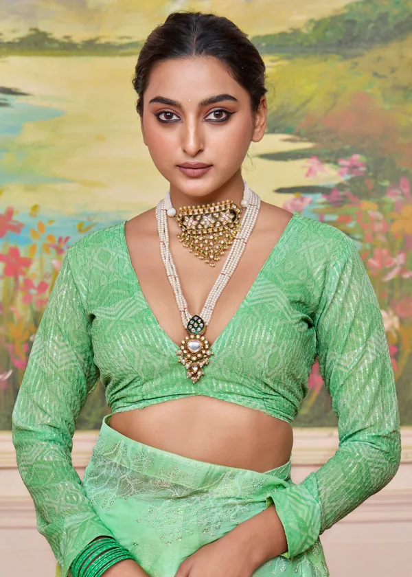 Green_&_Yellow_Vibrant_Brasso_Saree_With_A_Checkered_Design_&_Delicate_Embroidery_With_Heavy_Sequence_Blouse_Perfect_For_Festive_&_Special_Occasions
