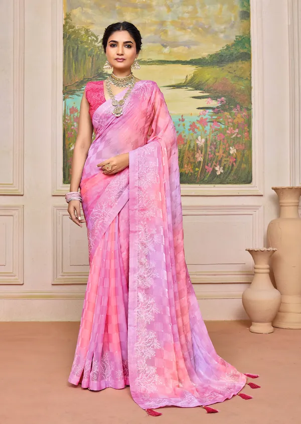 Pink_&_Levender_Graceful_Brasso_Saree_With_A_Checkered_Design_&_Delicate_Embroidery_With_Heavy_Sequence_Blouse_Perfect_For_Festive_&_Special_Occasions