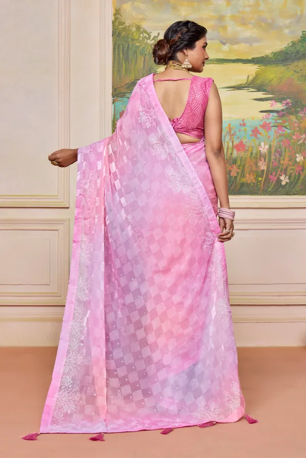 Pink_&_Levender_Graceful_Brasso_Saree_With_A_Checkered_Design_&_Delicate_Embroidery_With_Heavy_Sequence_Blouse_Perfect_For_Festive_&_Special_Occasions