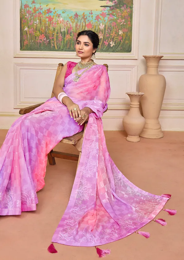 Pink_&_Levender_Graceful_Brasso_Saree_With_A_Checkered_Design_&_Delicate_Embroidery_With_Heavy_Sequence_Blouse_Perfect_For_Festive_&_Special_Occasions
