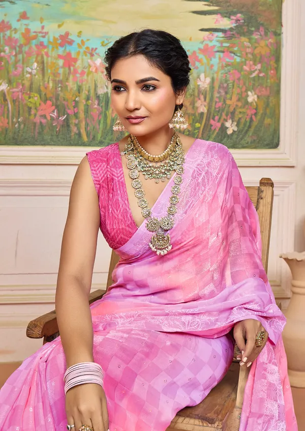 Pink_&_Levender_Graceful_Brasso_Saree_With_A_Checkered_Design_&_Delicate_Embroidery_With_Heavy_Sequence_Blouse_Perfect_For_Festive_&_Special_Occasions