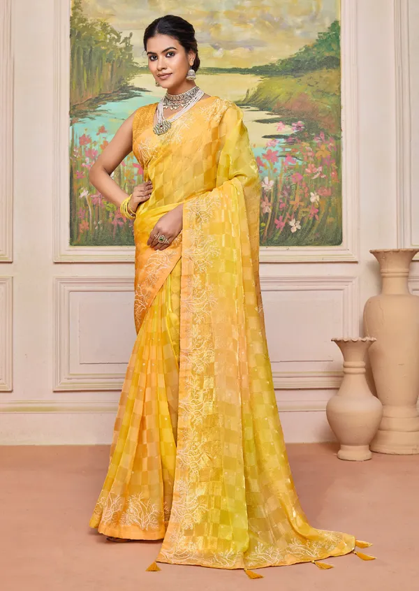 Yellow_Radiant_Brasso_Saree_With_A_Checkered_Design_&_Delicate_Embroidery_With_Heavy_Sequence_Blouse_Perfect_For_Festive_&_Special_Occasions