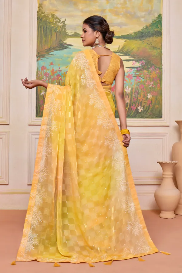 Yellow_Radiant_Brasso_Saree_With_A_Checkered_Design_&_Delicate_Embroidery_With_Heavy_Sequence_Blouse_Perfect_For_Festive_&_Special_Occasions