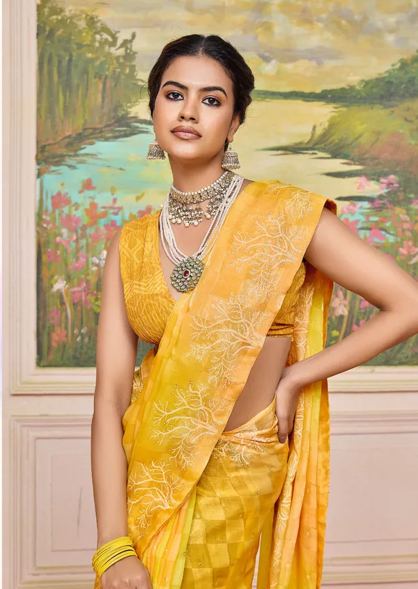 Yellow_Radiant_Brasso_Saree_With_A_Checkered_Design_&_Delicate_Embroidery_With_Heavy_Sequence_Blouse_Perfect_For_Festive_&_Special_Occasions