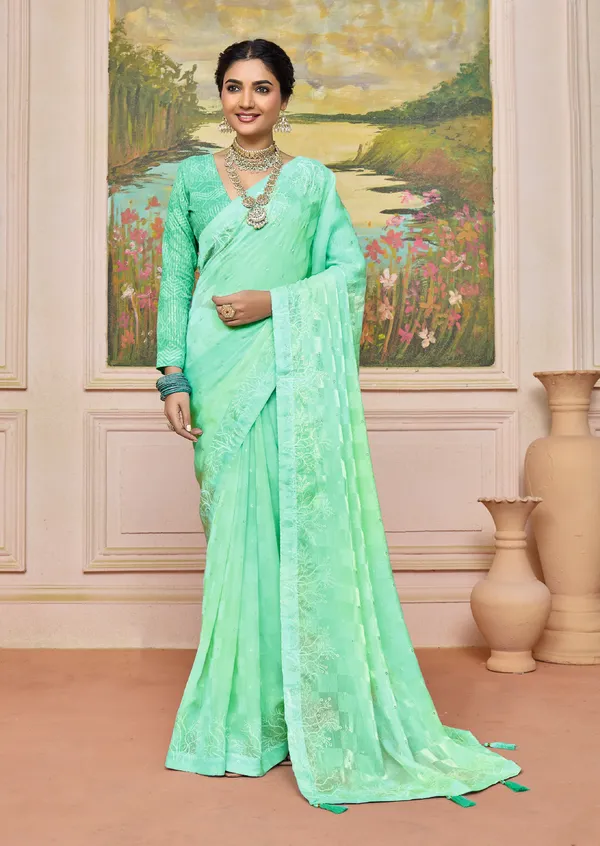 Pastel_Sea_Green_Chic_Brasso_Saree_With_A_Checkered_Design_&_Delicate_Embroidery_With_Heavy_Sequence_Blouse_Perfect_For_Festive_&_Special_Occasions
