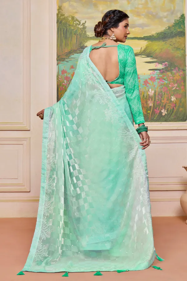 Pastel_Sea_Green_Chic_Brasso_Saree_With_A_Checkered_Design_&_Delicate_Embroidery_With_Heavy_Sequence_Blouse_Perfect_For_Festive_&_Special_Occasions