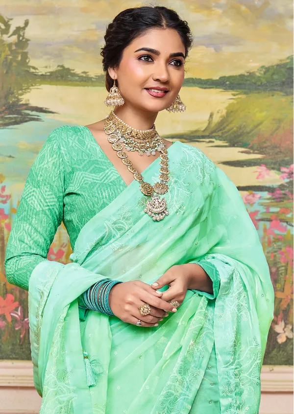Pastel_Sea_Green_Chic_Brasso_Saree_With_A_Checkered_Design_&_Delicate_Embroidery_With_Heavy_Sequence_Blouse_Perfect_For_Festive_&_Special_Occasions