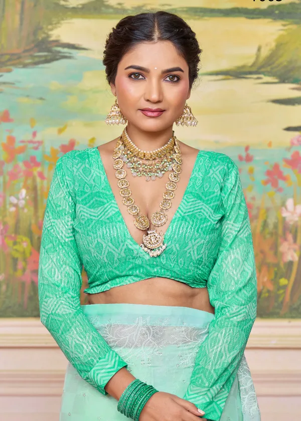 Pastel_Sea_Green_Chic_Brasso_Saree_With_A_Checkered_Design_&_Delicate_Embroidery_With_Heavy_Sequence_Blouse_Perfect_For_Festive_&_Special_Occasions