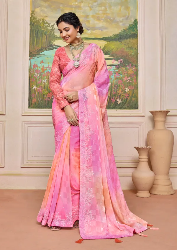 Pink_&_Peach_Charming_Brasso_Saree_With_A_Checkered_Design_&_Delicate_Embroidery_With_Heavy_Sequence_Blouse_Perfect_For_Festive_&_Special_Occasions