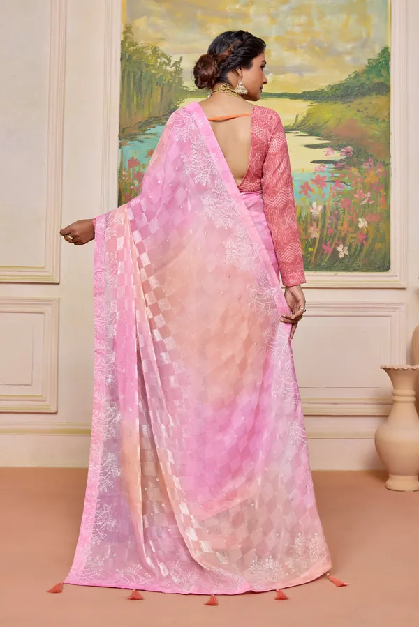 Pink_&_Peach_Charming_Brasso_Saree_With_A_Checkered_Design_&_Delicate_Embroidery_With_Heavy_Sequence_Blouse_Perfect_For_Festive_&_Special_Occasions
