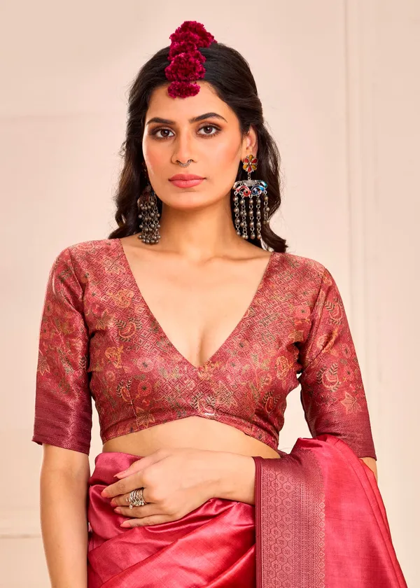 Red_Pure_Tusser_Silk_Fire_Brick_Shaded_Combination_With_Weaving_Zari_Border_Designer_Look_Saree